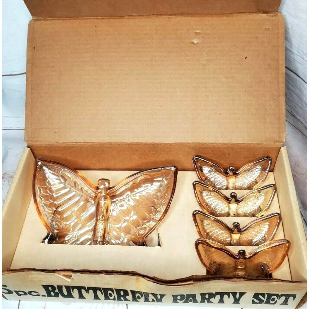 Rare Amber 5 Piece Vintage Brown Glass Butterfly Home Décor Candy Nut Dish Set